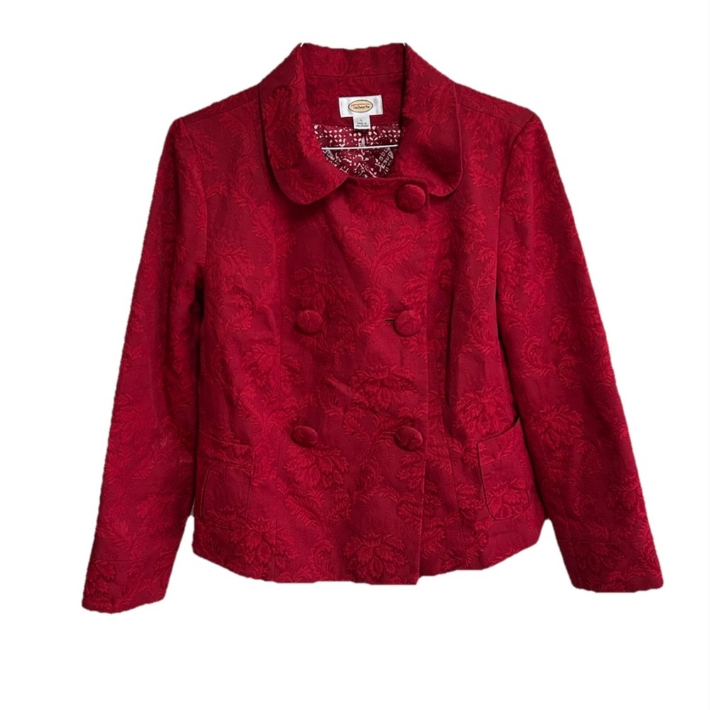 Talbots Womens Blazer Jacket Size Large Red Double Breasted Jacquard Victorian